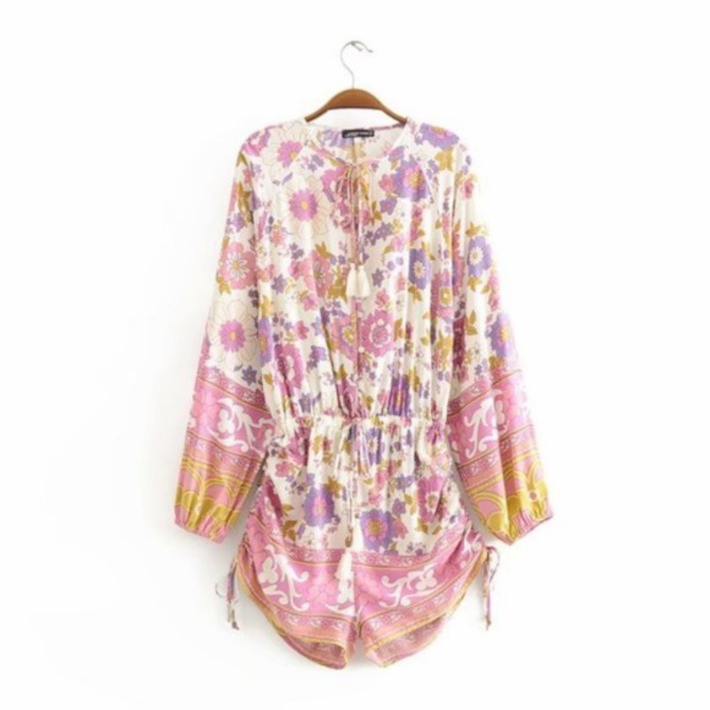 IN STOCK Boho Chic Floral Print Side ruched romper - Picture 7 of 7
